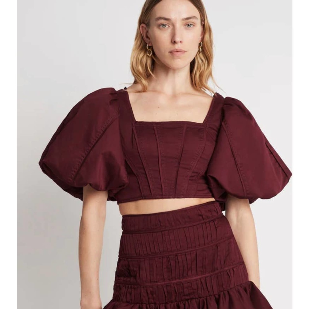 Aje Sylvia Puff Sleeve Zip Back Corset Crop Top